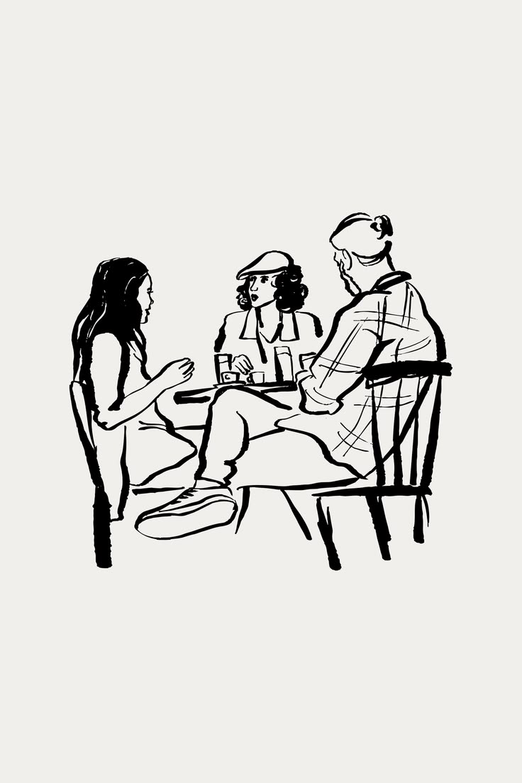 Line drawing of a client meeting with two advisers across a table